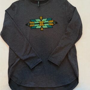 Charcoal Long Sleeve Top with Geometric Embroidered Aztec